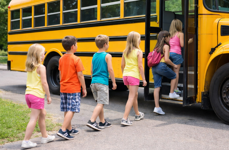 Kids boarding a school bus for Inwood Summer Rec program